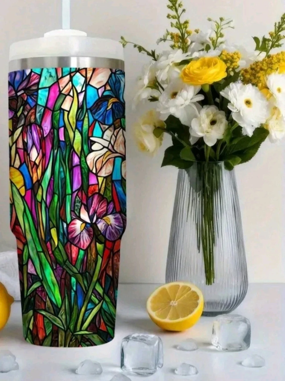 30 Oz. Stained Glass Look Floral Stainless Steel Tumbler 